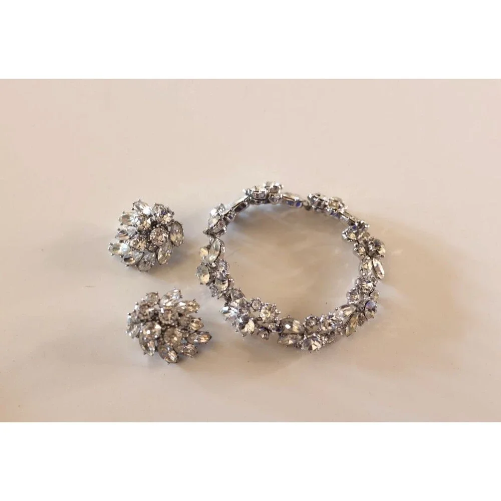 Vintage Trifari Bracelet Earrings Set Clear Rhinestone Set Silver Tone Art Deco